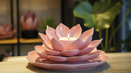 Pretty pink plates and a handmade candle shaped like a lotus flower decorate the home.