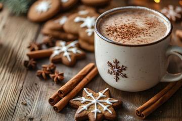 Cozy holiday vibes: cinnamon sticks, cookies, and hot cocoa on a wooden table. Generative AI.