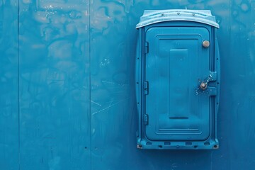 Blue portable restroom mounted on a bright blue wall in an urban setting during daylight