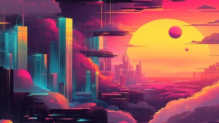 Sticker - A vibrant, surreal landscape featuring futuristic skyscrapers and a large sun.