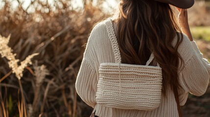 Wall Mural - This is a handcrafted crossbody bag made from cotton rope. It has a Scandinavian style and comes in cream colors. It's an eco-friendly and stylish choice for women who love sustainable fashion.