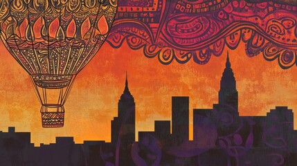 Sticker - A vibrant sunset scene featuring a hot air balloon above a city skyline.