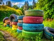 © Arnada - Weathered Old Tires Stacked Together in a Rustic Setting with Nature and Grass Surrounding Them