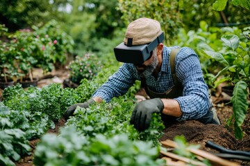 Innovative landscaper utilizes augmented reality glasses to enhance gardening techniques in a lush green garden during daylight