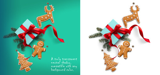 Wall Mural - christmas composition on a transparent background with a gift box, with red ribbon, fir branches, ch