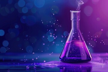 purple glass flask in blue research chemistry science banner laboratory background