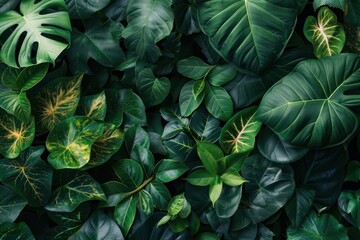 Wall Mural - Flatlay tropical green leaves nature leaf vegetation.