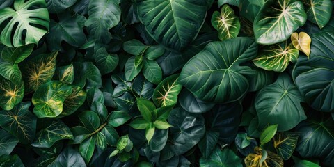 Canvas Print - Flatlay tropical green leaves nature leaf vegetation.