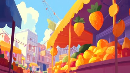 Canvas Print - A vibrant market scene featuring colorful fruit stalls under sunny skies.