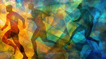 Canvas Print - Abstract illustration of running figures with vibrant colors and dynamic movement.