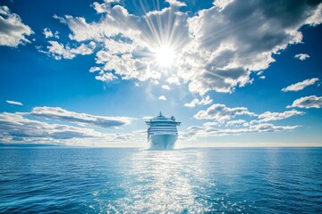 A beautiful cruise ship sails across a calm blue sea. The sun shines brightly in the sky with fluffy clouds. This image captures the joy of ocean travel and adventure. Generative AI