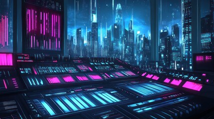 Wall Mural - A futuristic control room with glowing screens overlooking a neon cityscape.