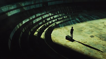 Solitary Figure Standing on a Platform in a Circular Structure