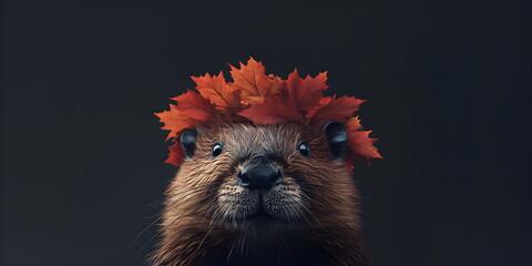 Close-up of beaver wearing wreath of red maple leaves on black background. Canada Day celebration. National holiday and patriotism concept. Banner, background.