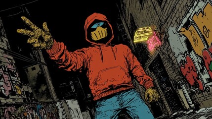 Canvas Print - A masked figure in a red hoodie poses in an urban alley with graffiti and neon lights.