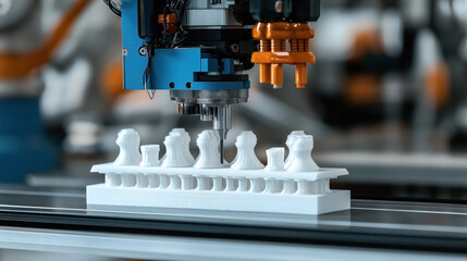 Canvas Print - CNC milling machine processing a white plastic part with precision, focused on automated manufacturing and technology in an industrial setting.