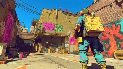 Canvas Print - A colorful urban scene featuring a character in a graffiti-filled alleyway.