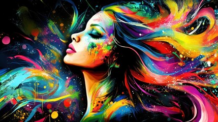 Canvas Print - A vibrant portrait of a woman with colorful, flowing hair and abstract splashes of paint.