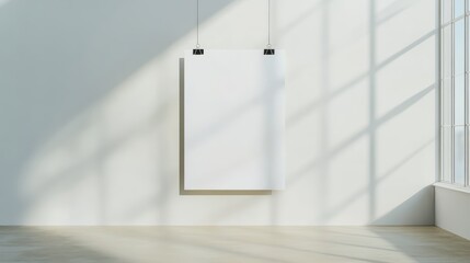 Blank poster in a minimal white room, canvas for your creative vision