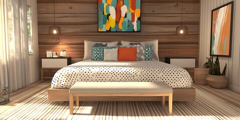 The bedroom should include Abstract wall art with soft colors, designed to be visually attractive yet minimal and not overly cluttered.