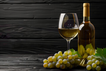 Bottle of white wine and a wine glass are on a wooden table