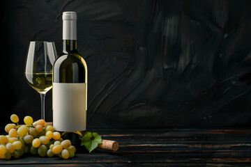 Bottle of white wine sits on wooden table with a bunch of grapes and a wine glass