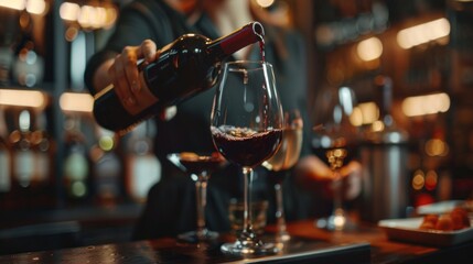 A woman is pouring wine into a glass at a bar