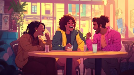 Wall Mural - Three friends laughing and enjoying drinks in a cozy caf? setting.