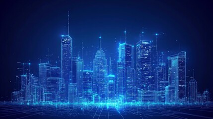 A futuristic cityscape rendered in a digital, glowing blue, with lines of light and code emanating from the ground.