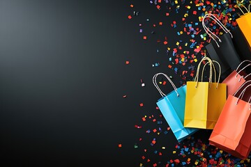 Colorful shopping bags amidst confetti on dark background.