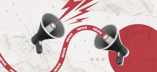 trendy halftone collage megaphones with news. social media propaganda and information. loudspeaker w