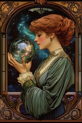 Woman Gazing at a Crystal Ball with a Starry Sky Inside.