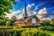 © Arnada - Modern Baptist Church Building Exterior with Steeple Surrounded by Lush Greenery on Clear Day