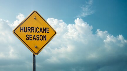 Hurricane Season Road Sign Against Cloudy Sky For Warnings And Climate Projects, Banner, Alarming Landscape, Weather, Nature, Safety