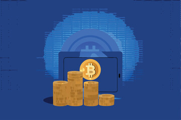 Vector illustration of a Bitcoin vault with digital code background and stacks of Bitcoins.