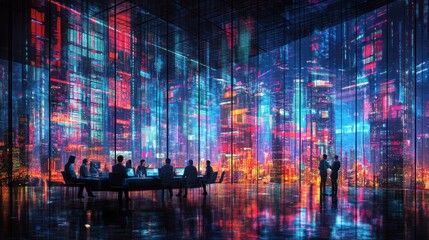 Poster - A futuristic meeting space illuminated by vibrant digital displays and cityscape visuals.