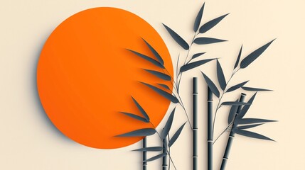 Canvas Print - Minimalist illustration featuring bamboo stalks with leaves against a beige background and an orange circle representing the sun or moon.