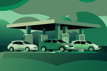 Create a vector illustration of a hydrogen fuel cell station with three cars, one in front of each fuel dispenser.