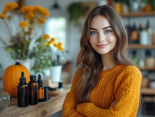 Portrait of a young entrepreneur woman working in her shop, she is standing in front of her products and autumn decoration with a pumpkin; business of beautician for beauty care 