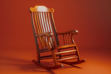 A rustic wooden rocking chair on a vibrant orange backdrop in a cozy indoor setting