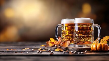 Two glasses of beer with autumn leaves on a wooden table.