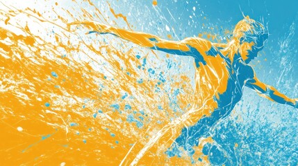 Poster - A dynamic illustration of a surfer splashing through vibrant waves of blue and orange paint.