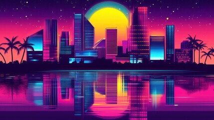 Poster - A vibrant city skyline at sunset with colorful reflections in water.