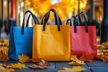 Wall Mural - Multiple colorful shopping bags hang neatly in a row against a vibrant gradient wall, creating a modern and stylish display.
