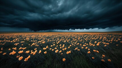 Poster - A vast field of blooming orange flowers under a dark, stormy sky with heavy clouds forming an impending storm, creating a contrasting scene of nature.