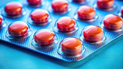 Pain relief medication in a blister pack with a blue background and dosage information visible