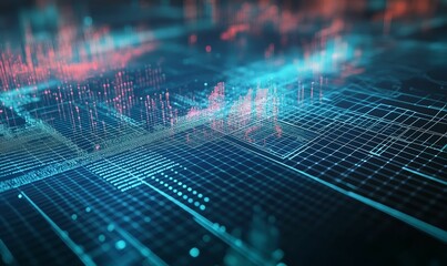 abstract digital grid with blue and red lights.