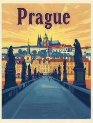 The vintage poster highlights Pragues stunning skyline, featuring its historic architecture, bridges, and landmarks under a vibrant sunset.