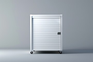 Storage unit on wheels with a closed shutter against a gray background