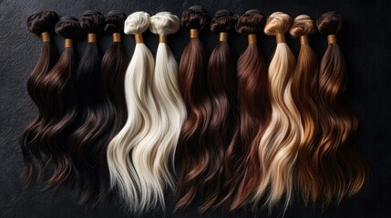 Assorted hair extensions in white, dark gold, and chestnut hues, arranged neatly as a textured background on a glossy black surface